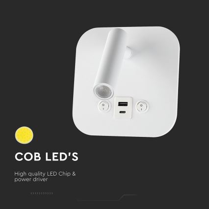 LED väggspot med USB-port LED/8W/230V 3000K vit