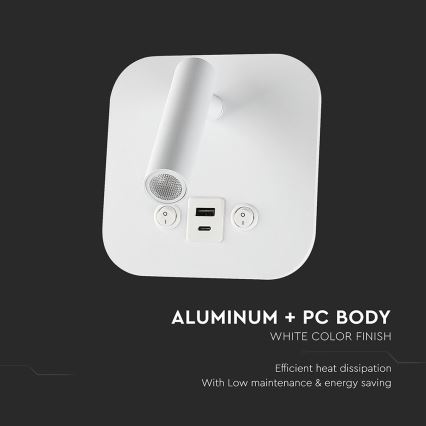 LED väggspot med USB-port LED/8W/230V 3000K vit