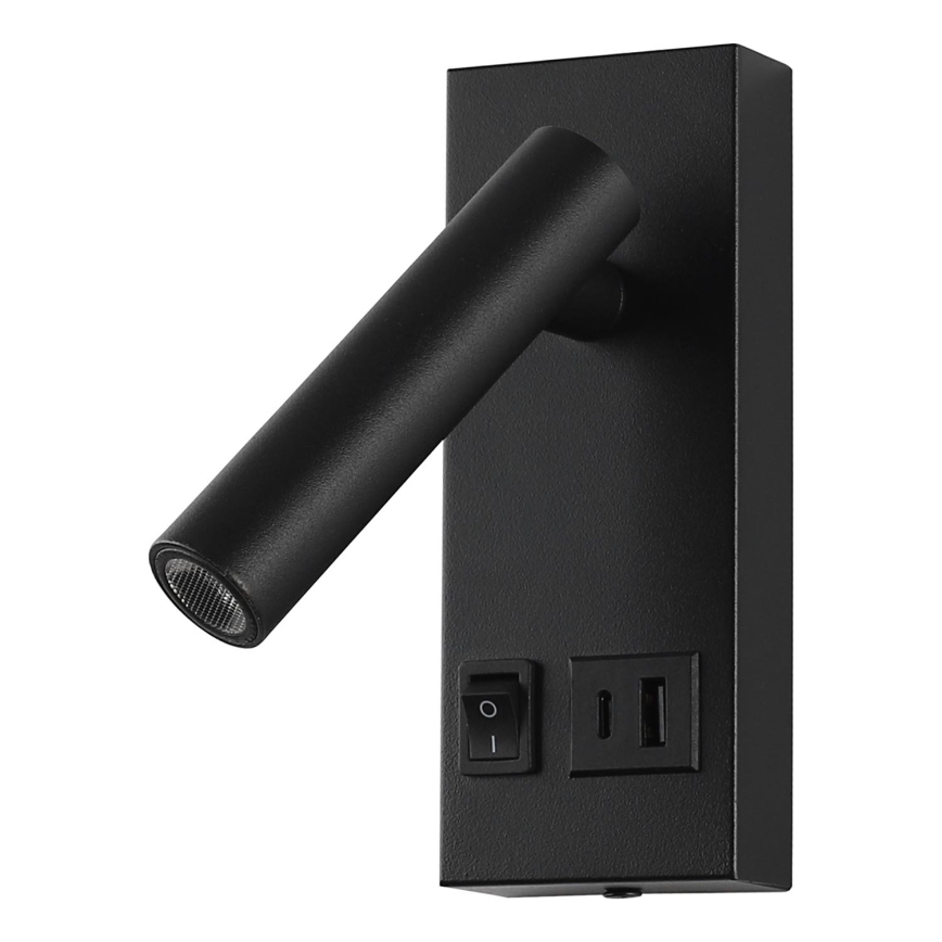 LED väggspotlight med USB LED/2W/230V svart