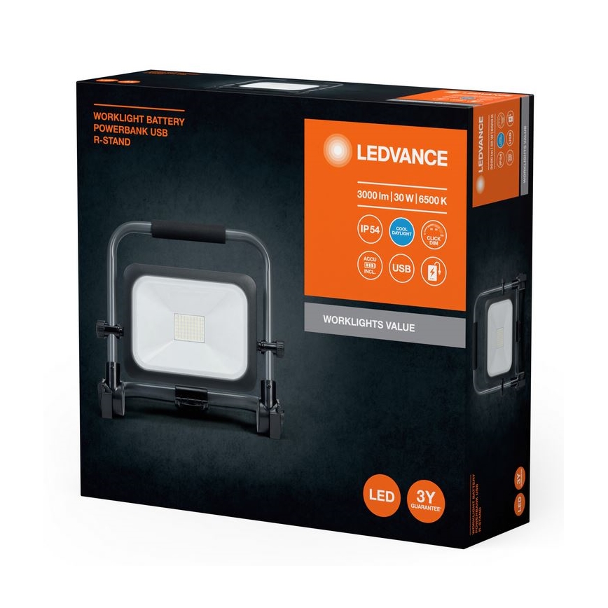 Ledvance - LED Dimbart Utomhus Uppladdningsbar Arbetsbelysning WORKLIGHT BATTERY LED/30W/5V 2200 mAh IP54