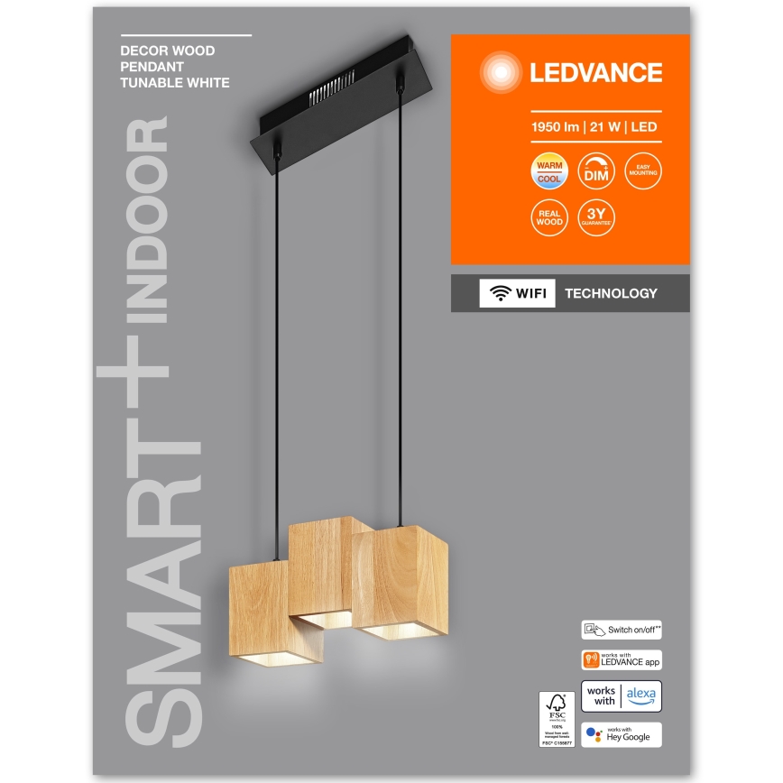 Ledvance - LED Dimbar ljuskrona med upphängning DECOR WOOD 3xLED/7W/230V Wi-Fi