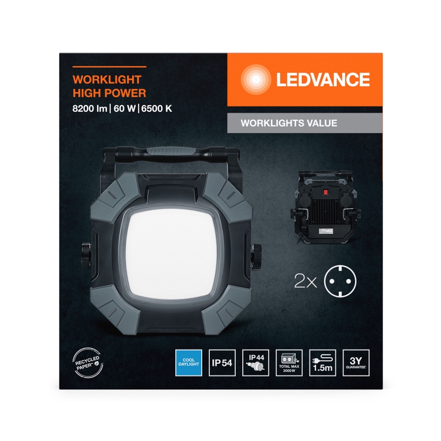 Ledvance - LED Ljusreglerad fungerar belysning med 2 uttag WORKLIGHT VALUE LED/60W/230V IP54