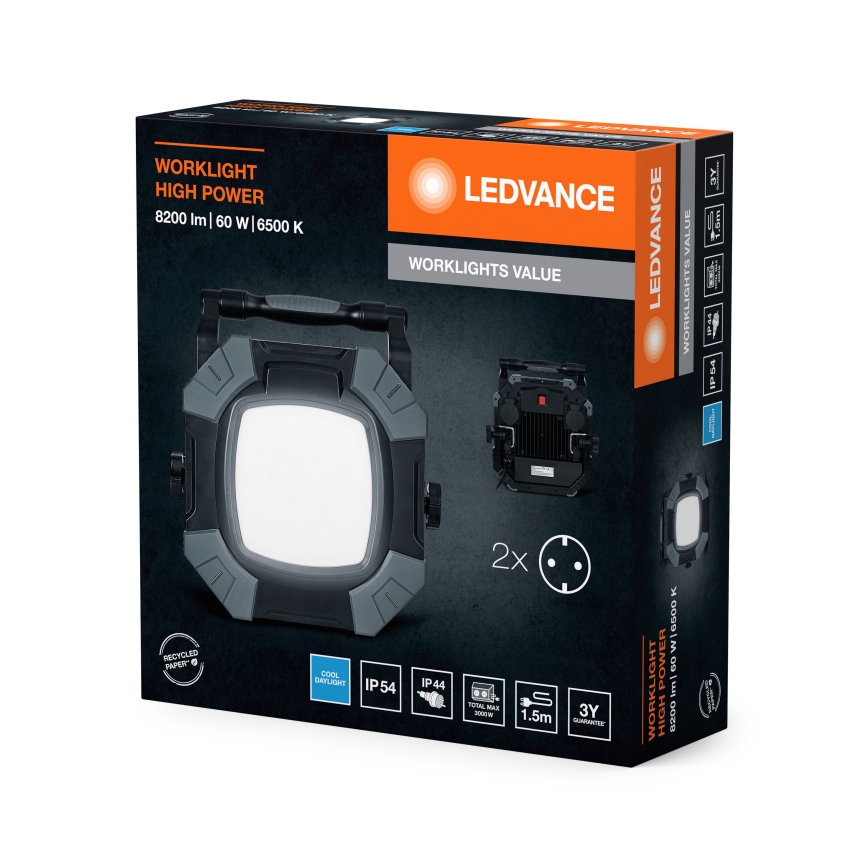 Ledvance - LED Ljusreglerad fungerar belysning med 2 uttag WORKLIGHT VALUE LED/60W/230V IP54