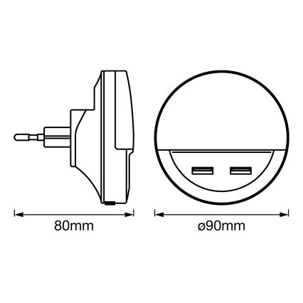 Ledvance - LED Nattlampa för ett eluttag med sensor LUNETTA 2xUSB LED/13W/230V
