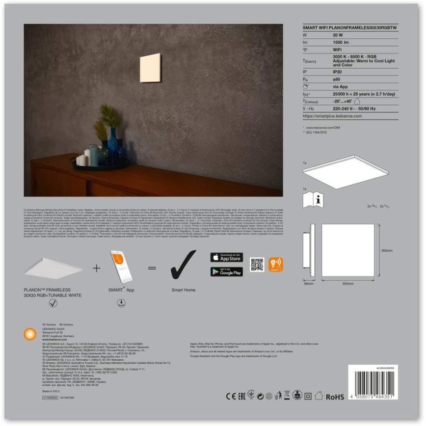 Ledvance - LED RGB+TW Dimbar lampa SMART+ RamLESS LED/20W/230V Wi-Fi