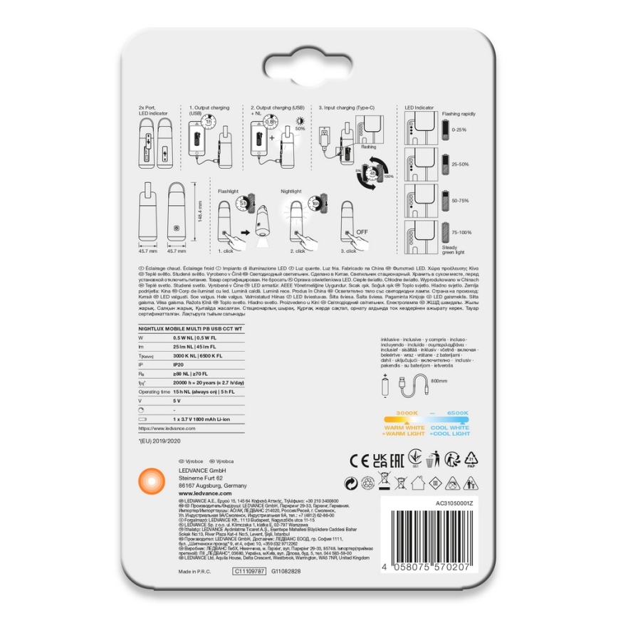 Ledvance - LED Strömbank med ficklampa MOBILE LED/0,5W/5V 1800mAh 2xUSB