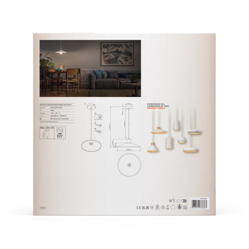 Ledvance - Ljuskrona med textilsladd DECOR PLASTER 1xE27/25W/230V diameter 32 cm plåster vit