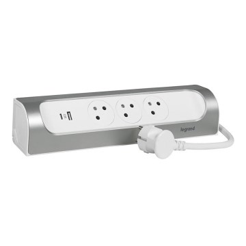 Legrand 049406 - Förlängningskabel 3Z Typ E + USB-A + USB-C 1m silver/vit