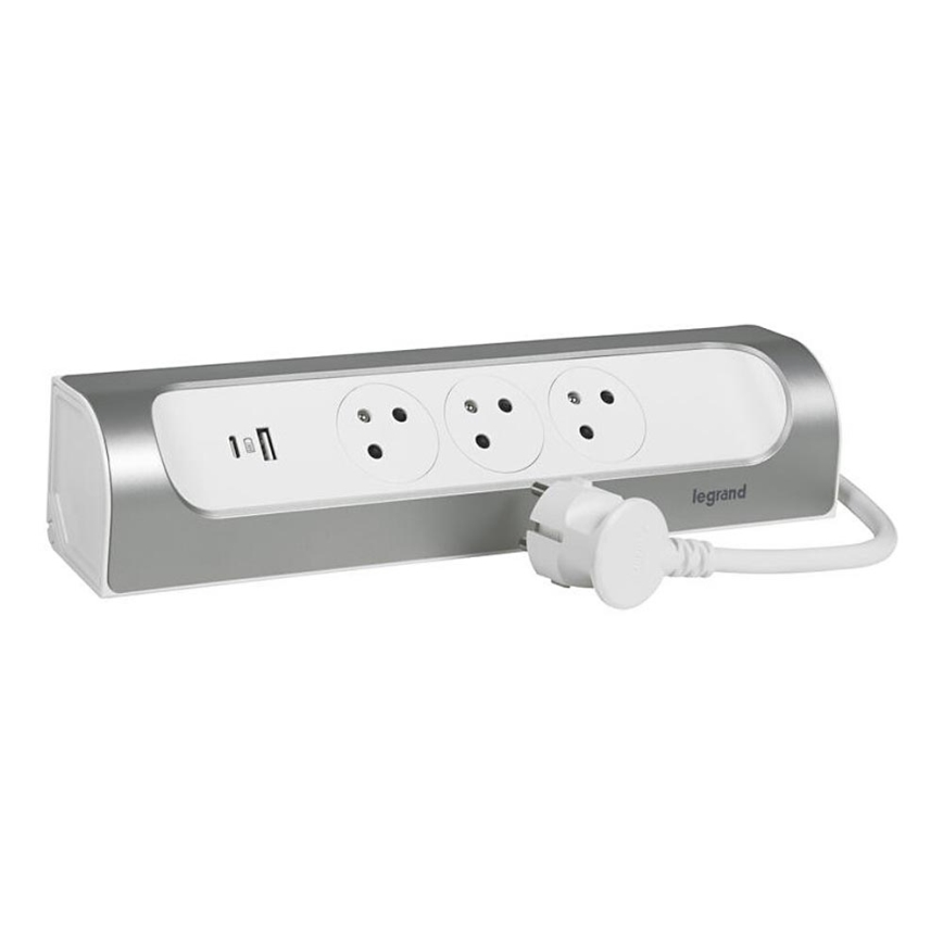 Legrand 049406 - Förlängningskabel 3Z Typ E + USB-A + USB-C 1m silver/vit