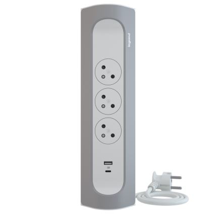 Legrand 049406 - Förlängningskabel 3Z Typ E + USB-A + USB-C 1m silver/vit