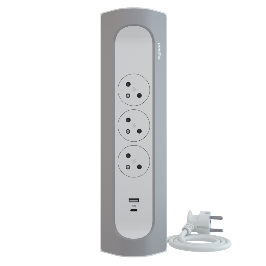 Legrand 049406 - Förlängningskabel 3Z Typ E + USB-A + USB-C 1m silver/vit