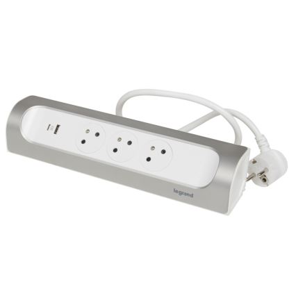 Legrand 049406 - Förlängningskabel 3Z Typ E + USB-A + USB-C 1m silver/vit