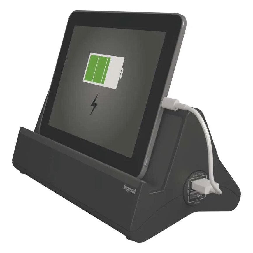 Legrand 050411 - Förlängningssladd med strömbrytare och tablettstativ 3Z Typ E + 2 x USB-A 1,5m svart