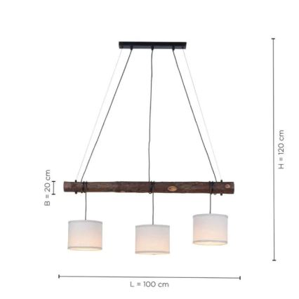 Leuchten Direkt 11238-79 - Ljuskrona med upphängningsrem BARK 3xE27/40W/230V trä