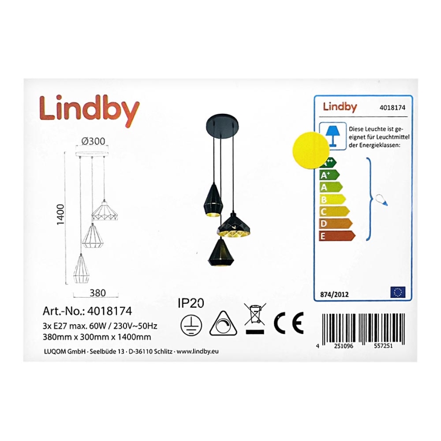 Lindby - Ljuskrona med textilsladd 3xE27/60W/230V