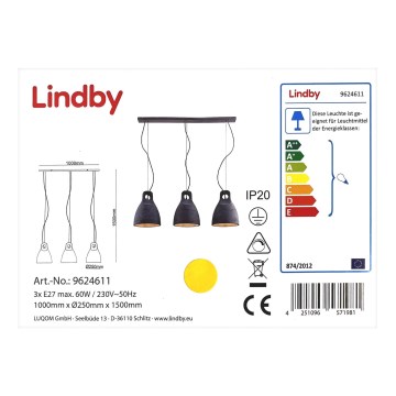 Lindby - Ljuskrona med textilsladd IBU 3xE27/60W/230V