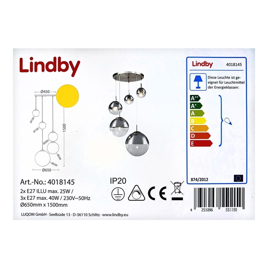 Lindby - Ljuskrona med textilsladd RAVENA 3xE27/40W/230V + 2xE27/25W/230V