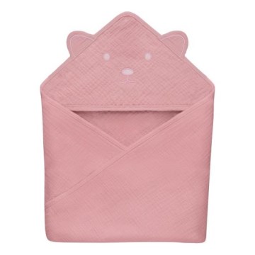 Lionelo - Barnhandduk med huva i musslin, babyrosa