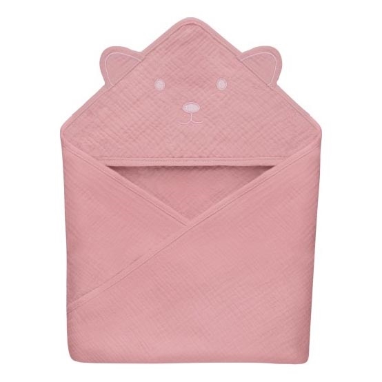 Lionelo - Barnhandduk med huva i musslin, babyrosa