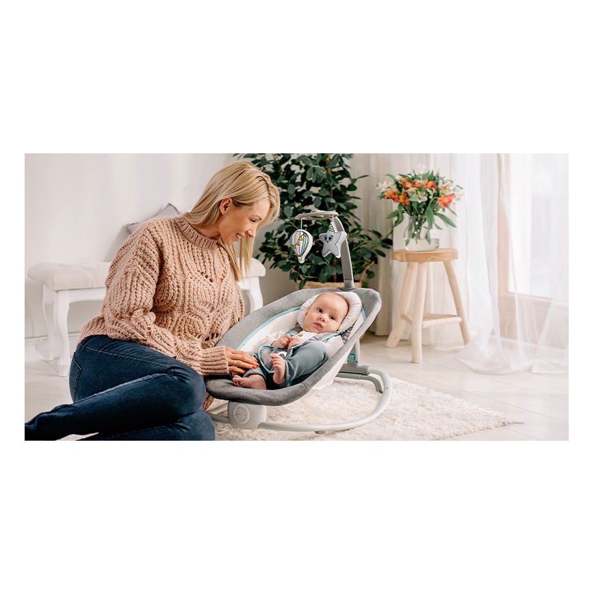 Lionelo - Vibrerande babysitter med sång PASCAL 2xAA grå/turkos