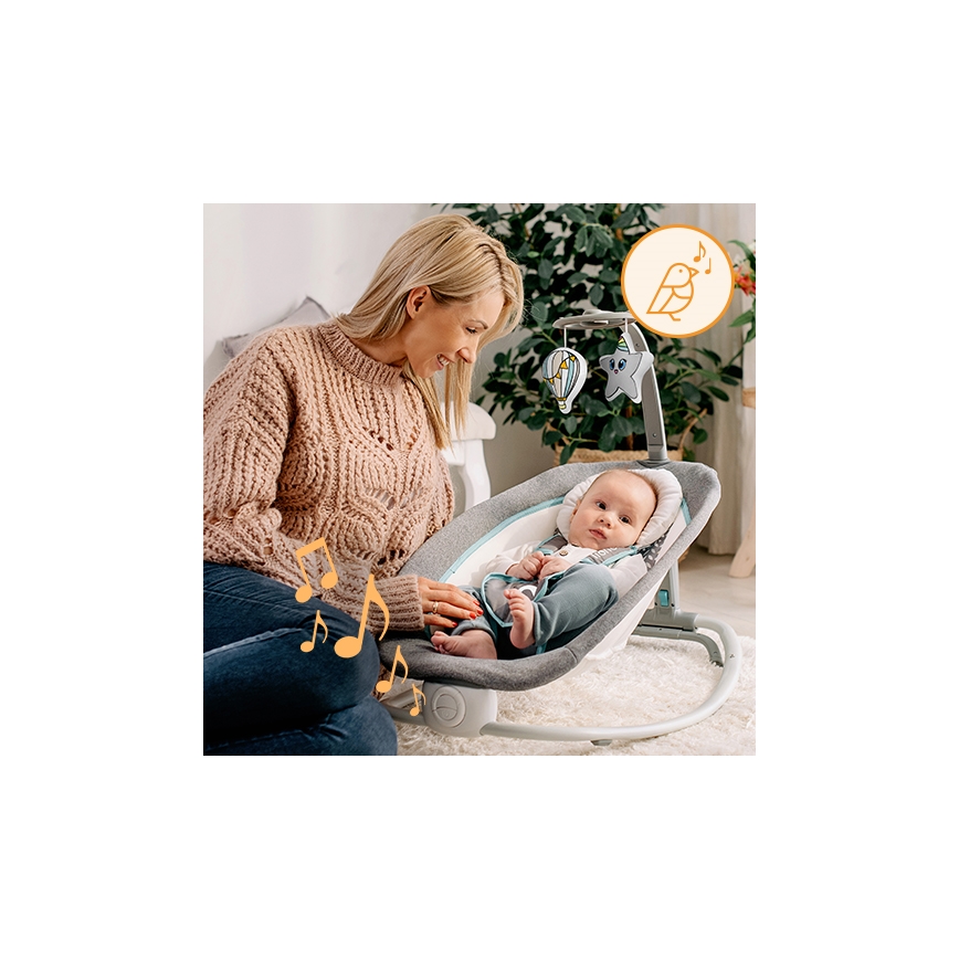 Lionelo - Vibrerande babysitter med sång PASCAL 2xAA grå/turkos
