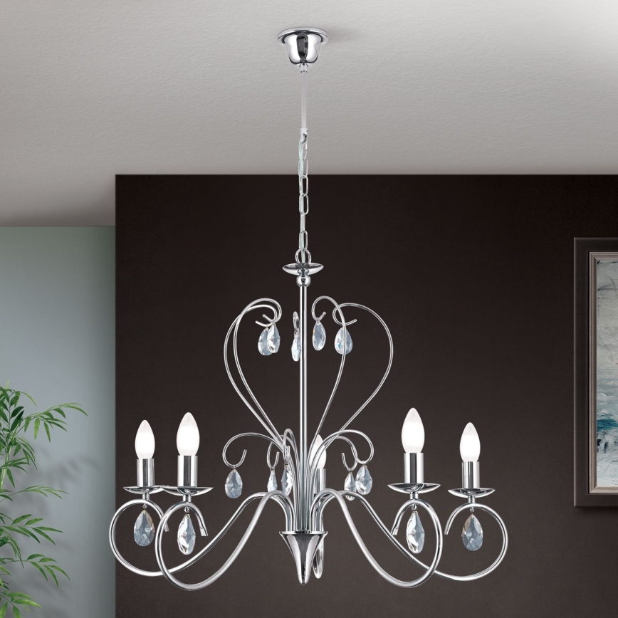 Ljuskrona i kristal med kedja ALESSIA 5xE14/40W/230V skinande krom