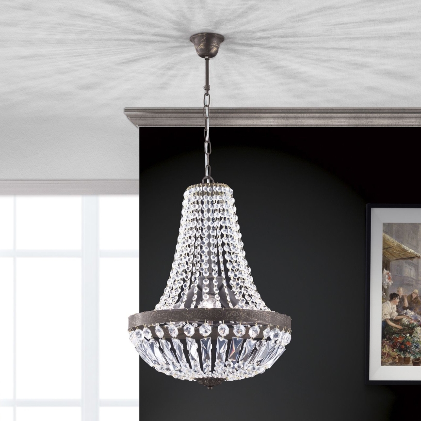 Ljuskrona i kristal med kedja ARILA 3xE27/60W/230V diameter 40 cm brun/patina