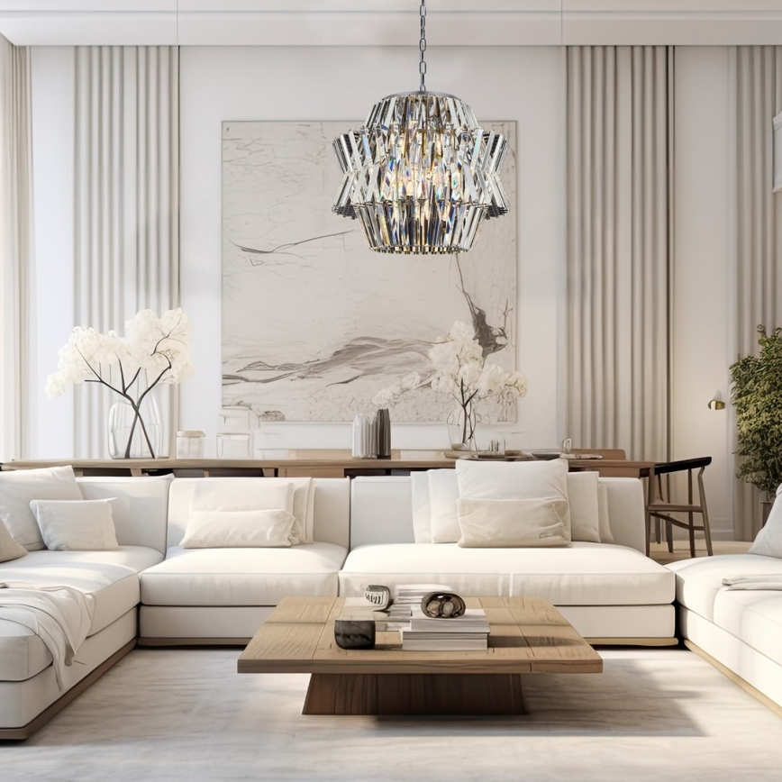 Ljuskrona i kristal med kedja CROWN 12xE14/40W/230V skinande krom
