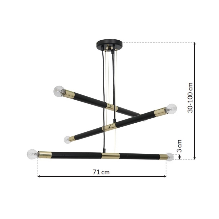 Ljuskrona med snöre BASTONE 6xE14/40W/230V svart/guld