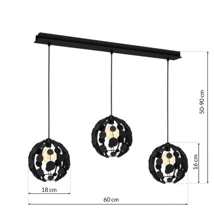 Ljuskrona med snöre GAIA 3xE27/60W/230V svart/brun
