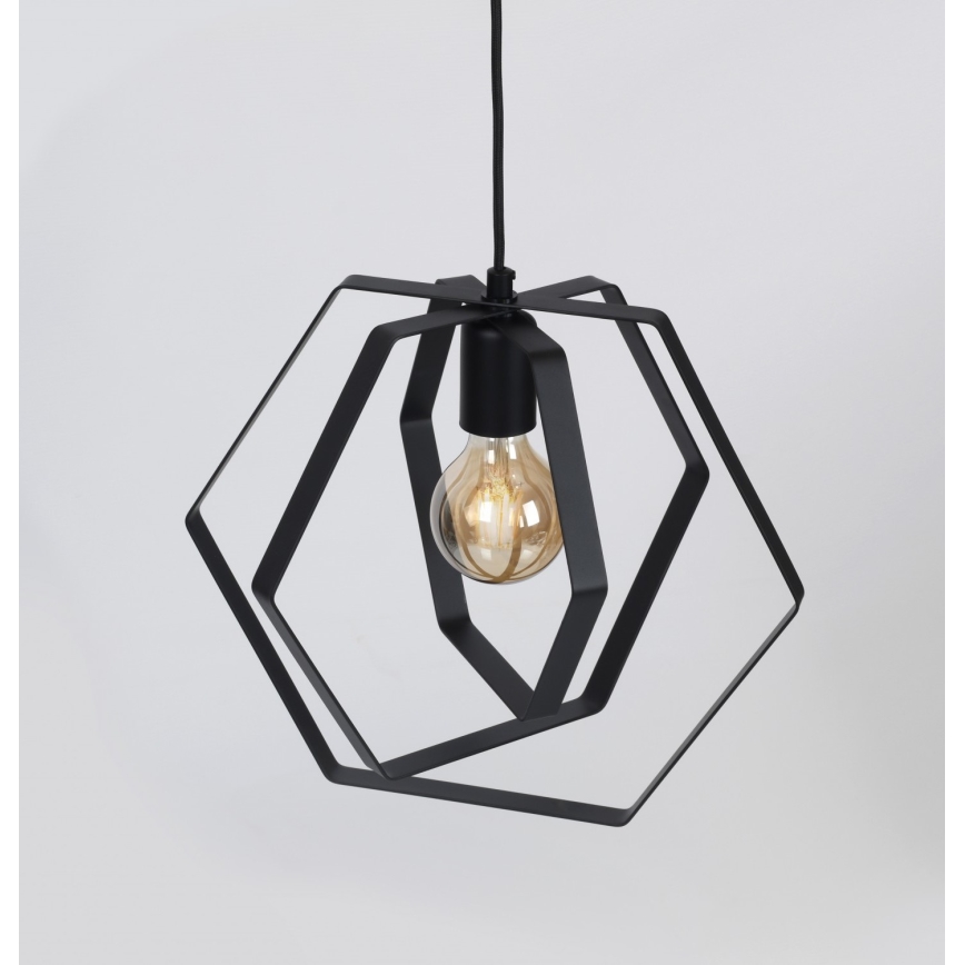 Ljuskrona med snöre HEXAGON 3xE27/60W/230V svart rund
