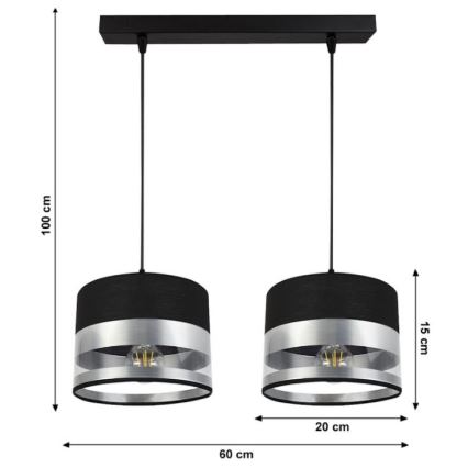 Ljuskrona med snöre MILO 2xE27/60W/230V silver/svart