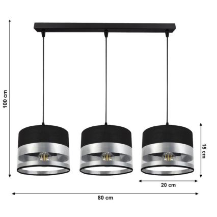 Ljuskrona med snöre MILO 3xE27/60W/230V silver/svart