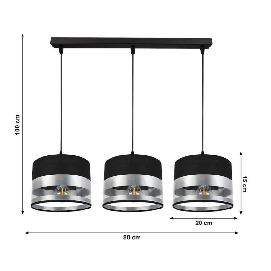 Ljuskrona med snöre MILO 3xE27/60W/230V silver/svart
