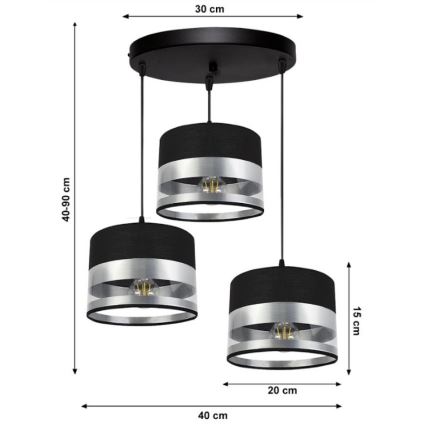 Ljuskrona med snöre MILO 3xE27/60W/230V silver/svart