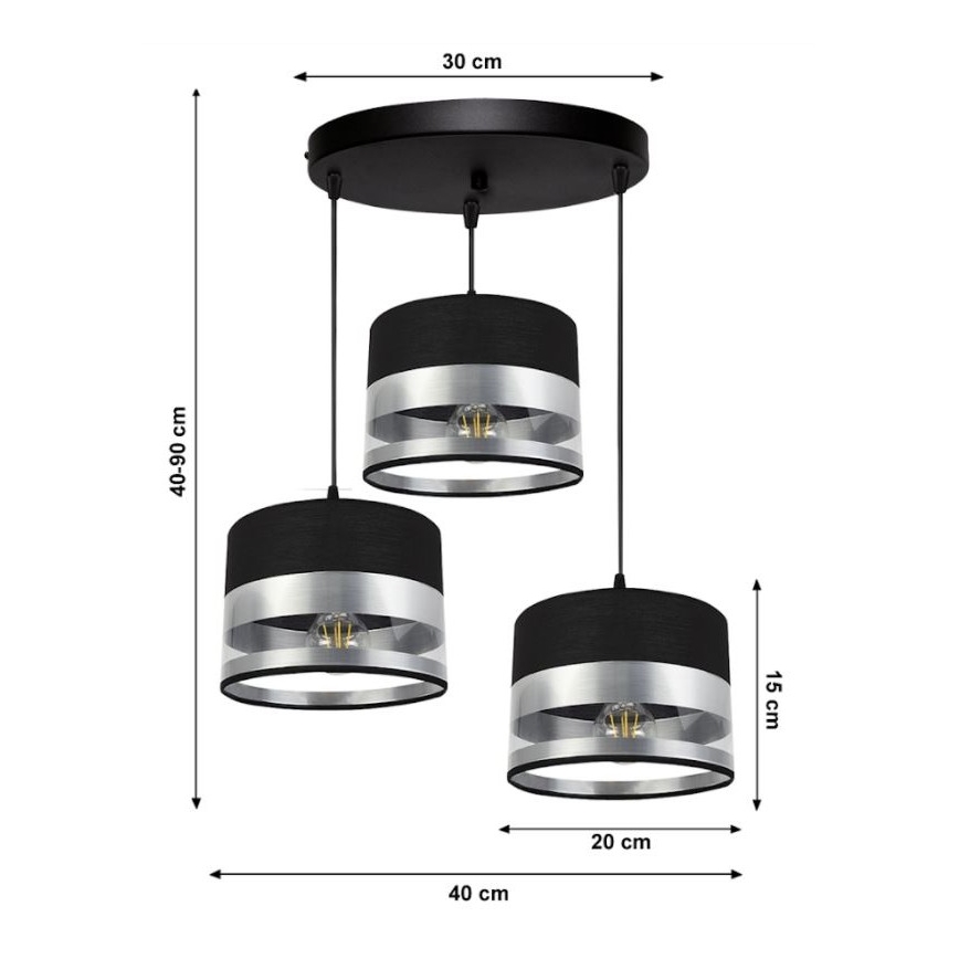 Ljuskrona med snöre MILO 3xE27/60W/230V silver/svart