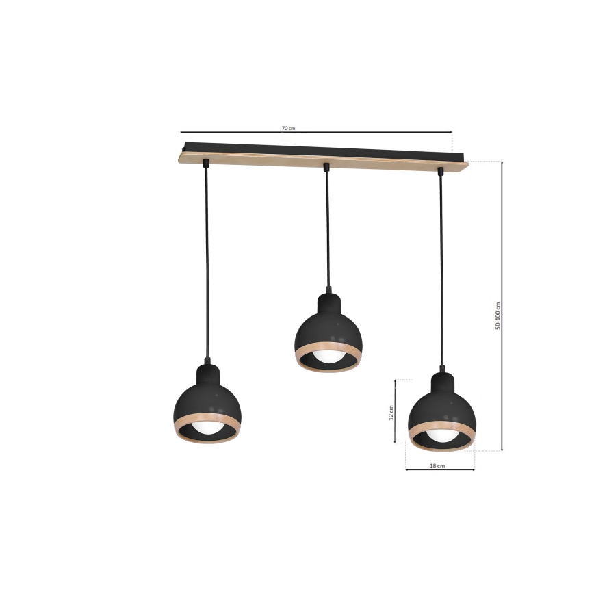 Ljuskrona med snöre OVAL 3xE27/60W/230V svart