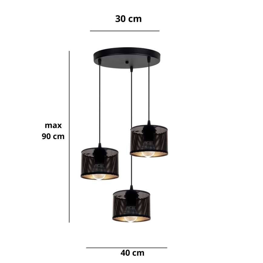 Ljuskrona med textilsladd ALDO 3xE27/60W/230V diameter 40 cm svart