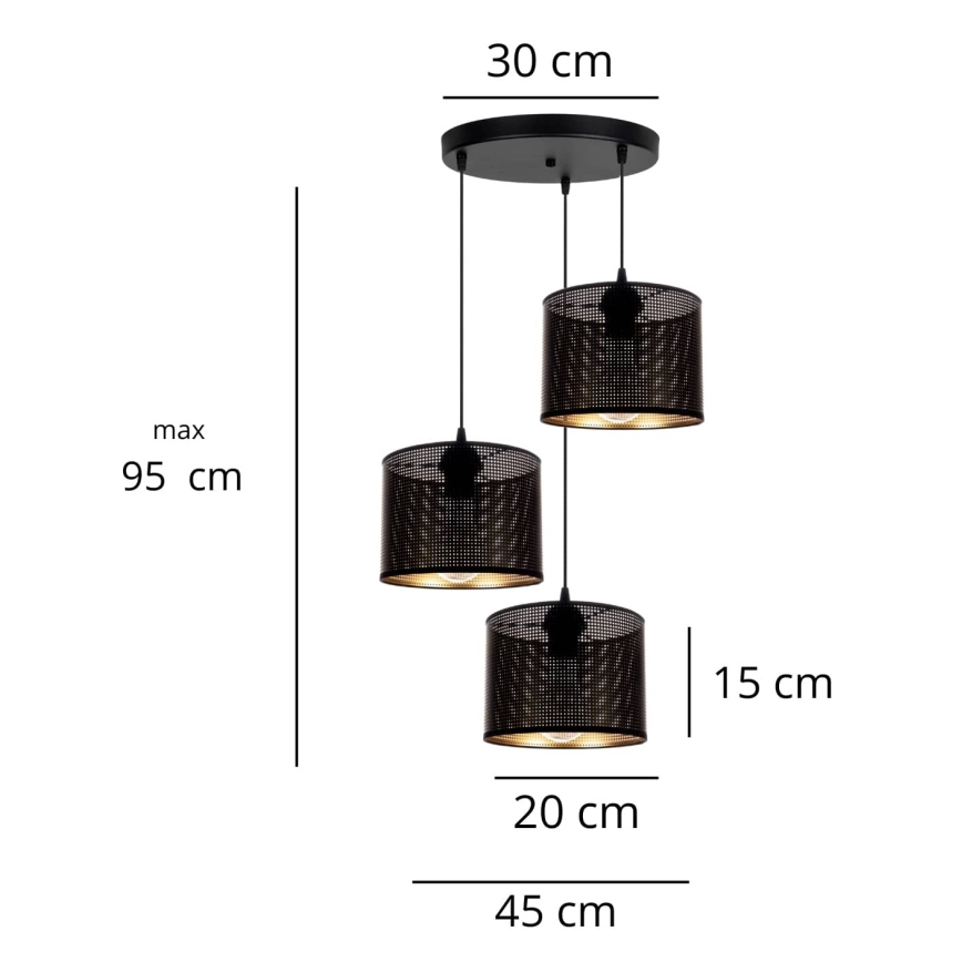 Ljuskrona med textilsladd ALDO 3xE27/60W/230V diameter 45 cm svart