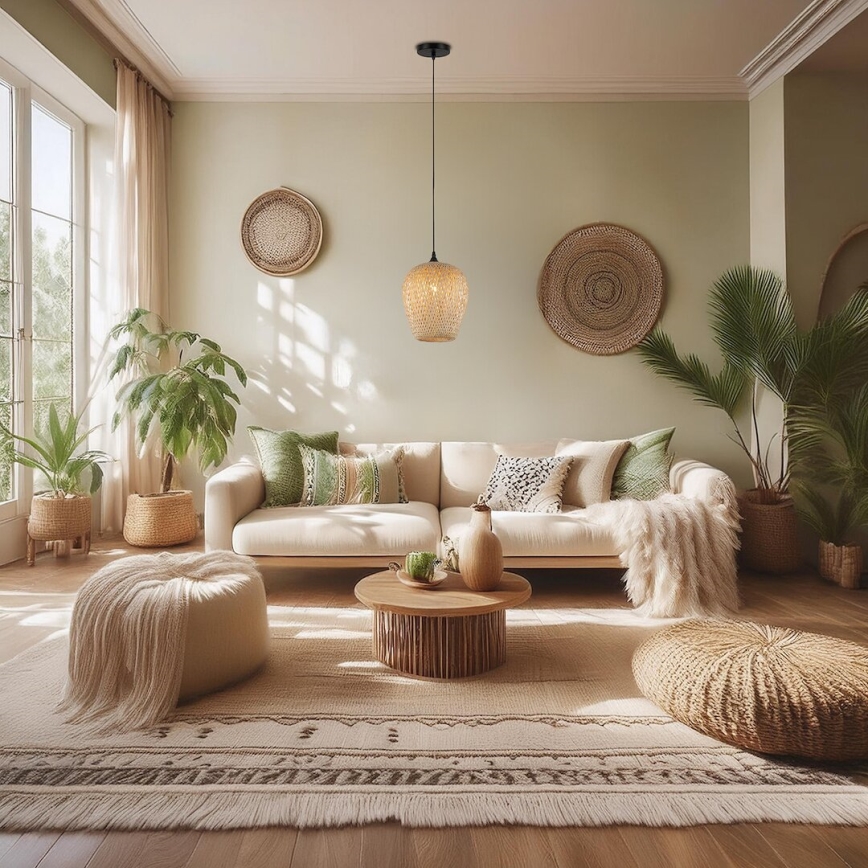 Ljuskrona med textilsladd ALMA 1xE27/60W/230V diameter 23 cm bambu