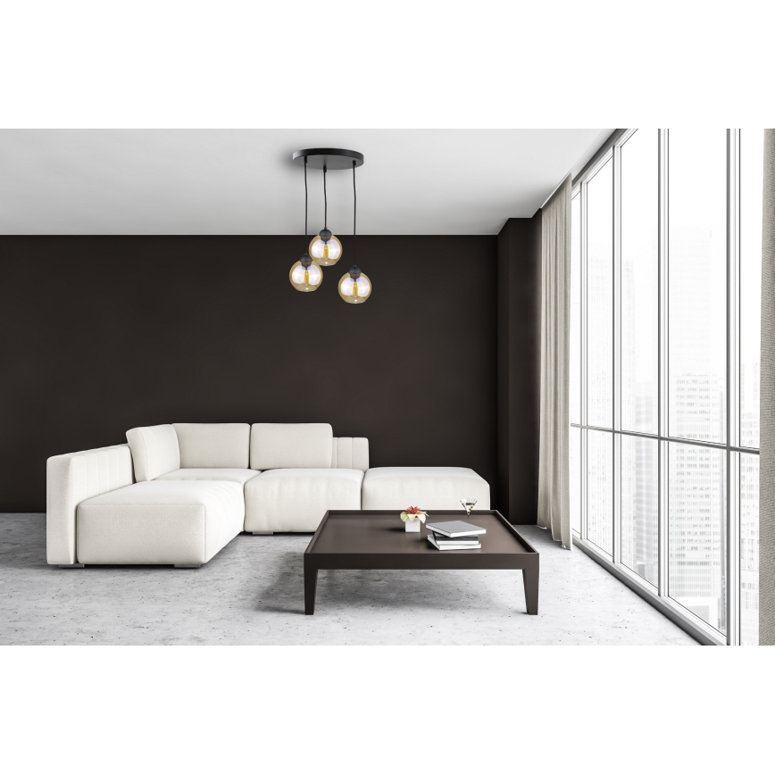Ljuskrona med textilsladd AMBRE BLACK 3xE27/60W/230V diameter 30 cm