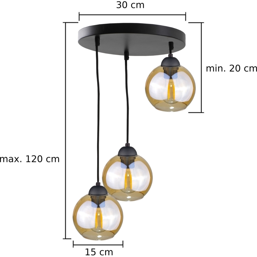 Ljuskrona med textilsladd AMBRE BLACK 3xE27/60W/230V diameter 30 cm