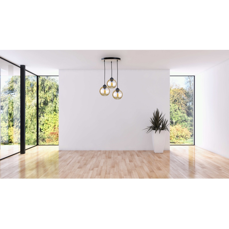 Ljuskrona med textilsladd AMBRE WOOD 3xE27/60W/230V diameter 30 cm
