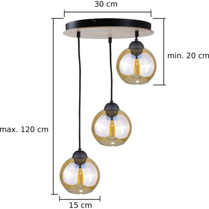 Ljuskrona med textilsladd AMBRE WOOD 3xE27/60W/230V diameter 30 cm