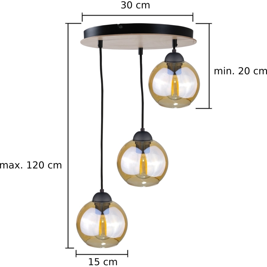 Ljuskrona med textilsladd AMBRE WOOD 3xE27/60W/230V diameter 30 cm