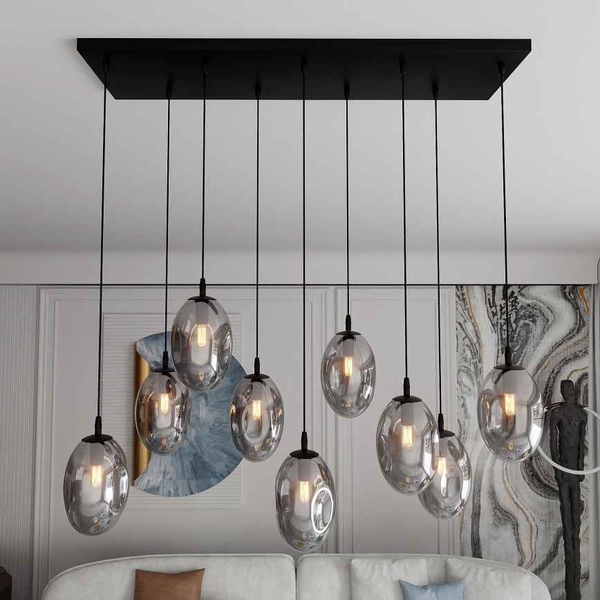 Ljuskrona med textilsladd ASTRAL 9xE14/10W/230V svart/rökig