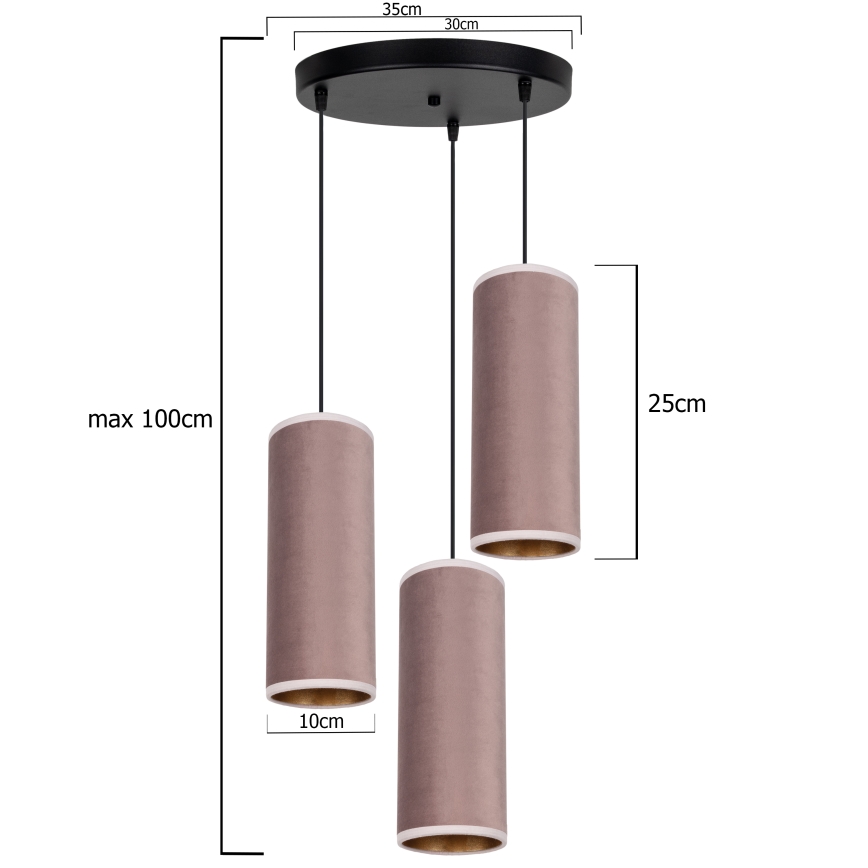 Ljuskrona med textilsladd AVALO 3xE27/60W/230V diameter 35 cm rosa