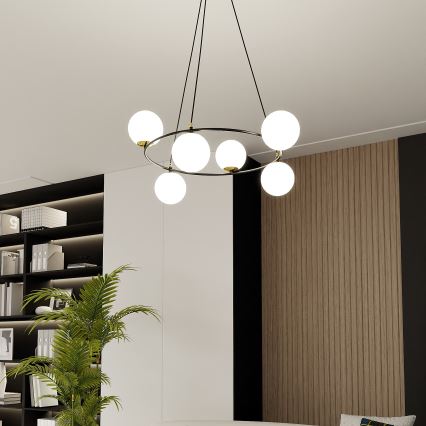 Ljuskrona med textilsladd AZURA 6xE14/10W/230V svart/vit