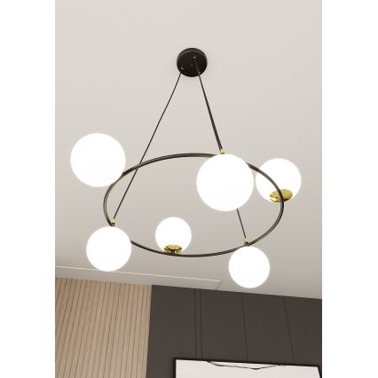 Ljuskrona med textilsladd AZURA 6xE14/10W/230V svart/vit