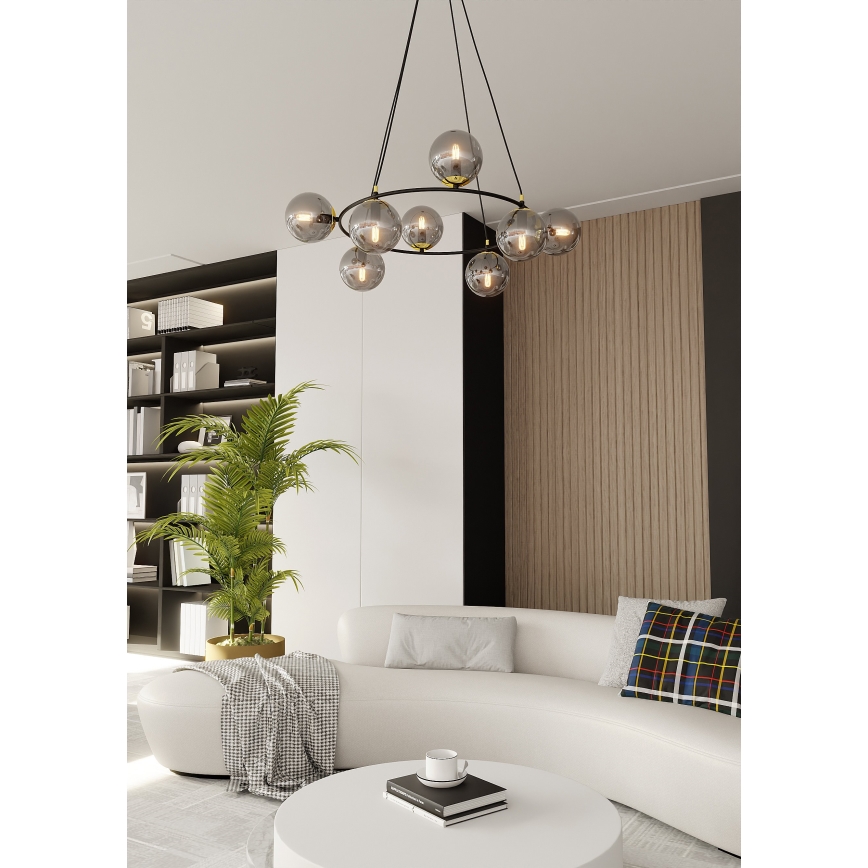 Ljuskrona med textilsladd AZURA 8xE14/10W/230V svart/grå